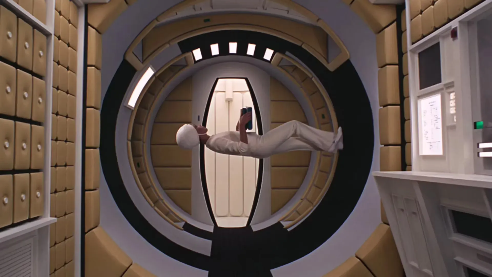 The flight attendant in Space Station V wearing grip shoes